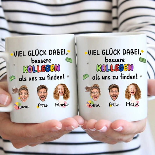 Viel Glück Abschieds Tasse Kollegen/ Kolleginnen mit ausgeschnittenen Gesichtern